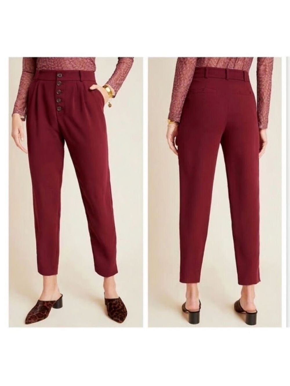 By Anthropologie Sasha Button-Fly Tapered Ankle Trousers burgundy wine red Sz 0